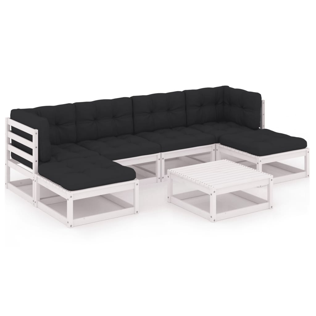7-tlg. Garten-Lounge-Set mit Kissen Weiss Kiefer Massivholz